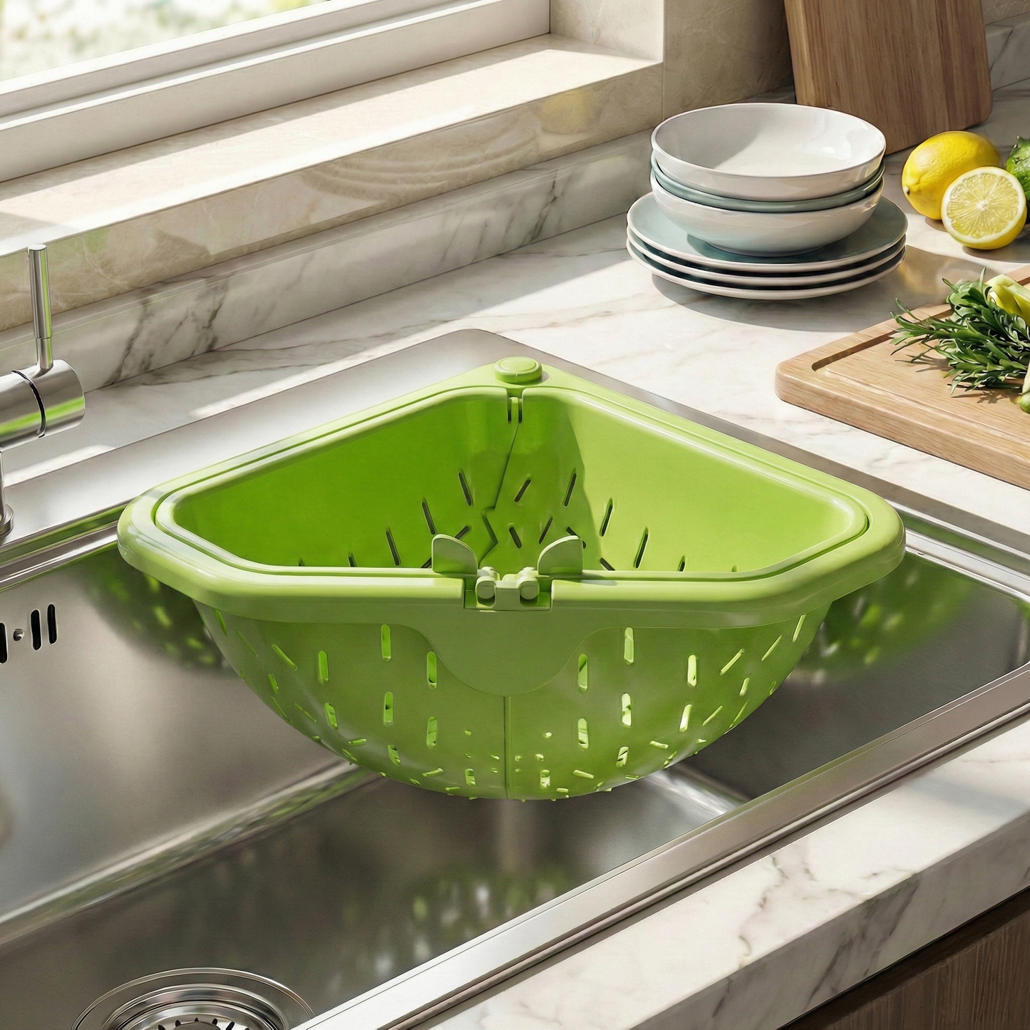 🔥MCOIKY® Magnetic draining triangular kitchen sink filter for storing food scraps, leftovers, and kitchen waste.