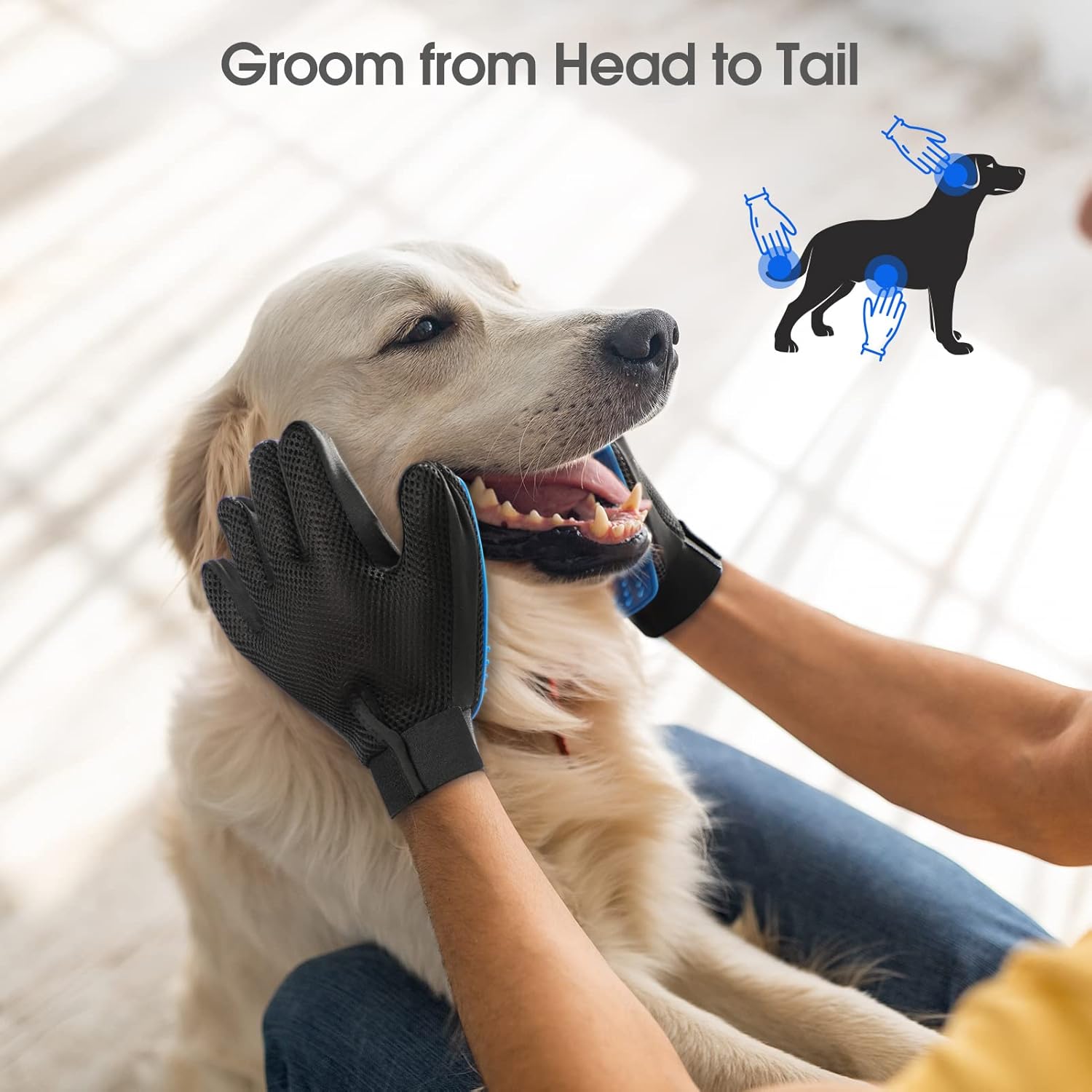 Pet Hair Removal Glove with 255 Silicone Tips for Dogs & Cats, Right Blue | 2-in-1 Deshedding & Massage Mitt, 5-Finger Flexible Design, for Bathing & Grooming, Safe for Long/Short/Curly Hair Pets