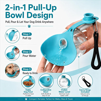 Portable Dog Water Bottle 2-in-1 Pet Travel Dispenser with Transparent Ball Sphere Bowl 10 Oz Soft Silicone Collapsible Walking Container for Small Medium Breeds