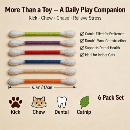 Swabs Cat Toys with Catnip, Giant Qtip Chew Sticks & Teething Ropes for Boredom Relief, Durable Interactive Felt Kitty Kicker Toy for Exercise.