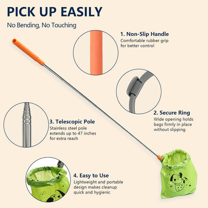 Extendable Dog Pooper Scooper with Poop Bags, No-Touch Waste Picker