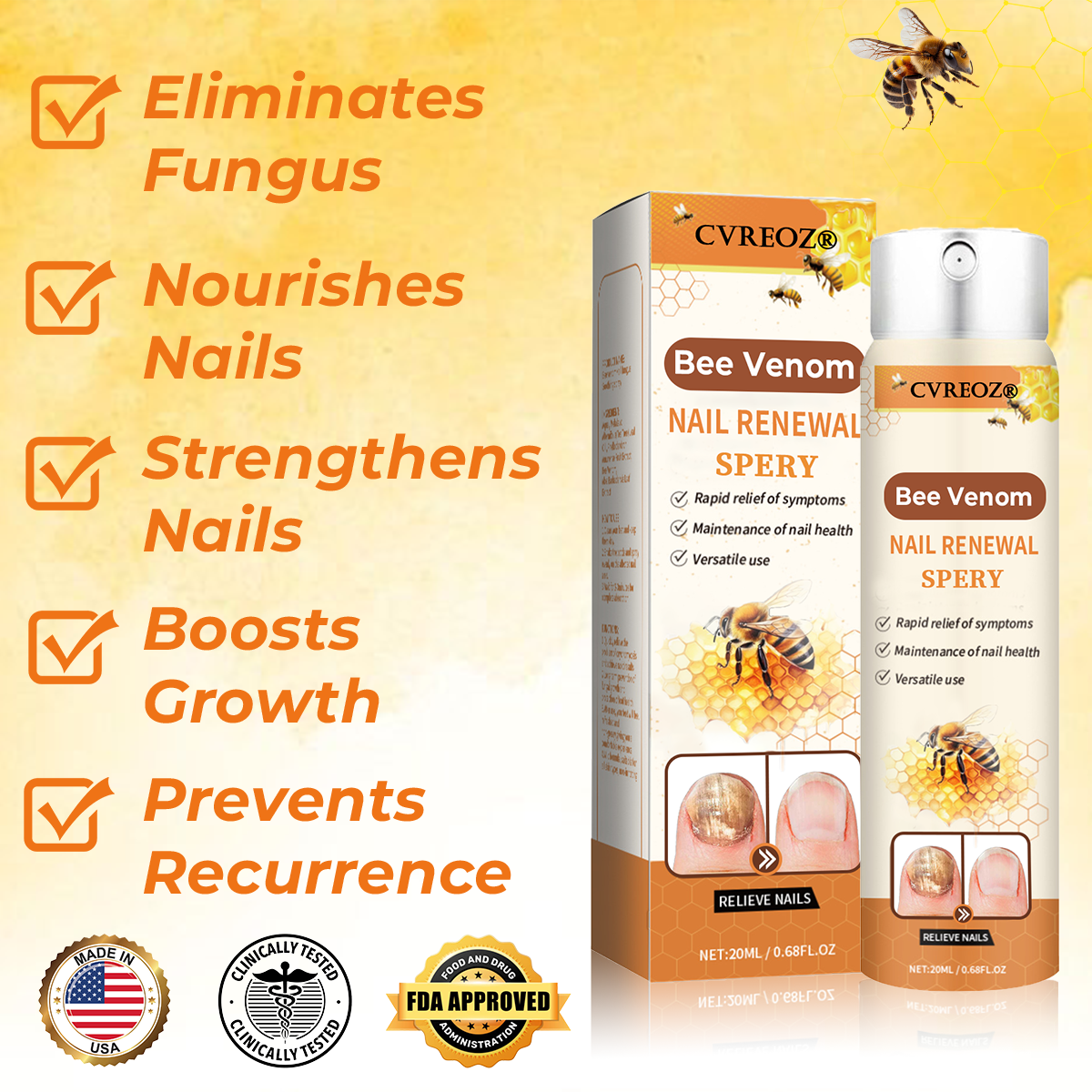 Cvreoz® Nail Renewal Spray with nano-micro needles in combination with bee venom🐝 to fight even the most stubborn fungi👊🏻