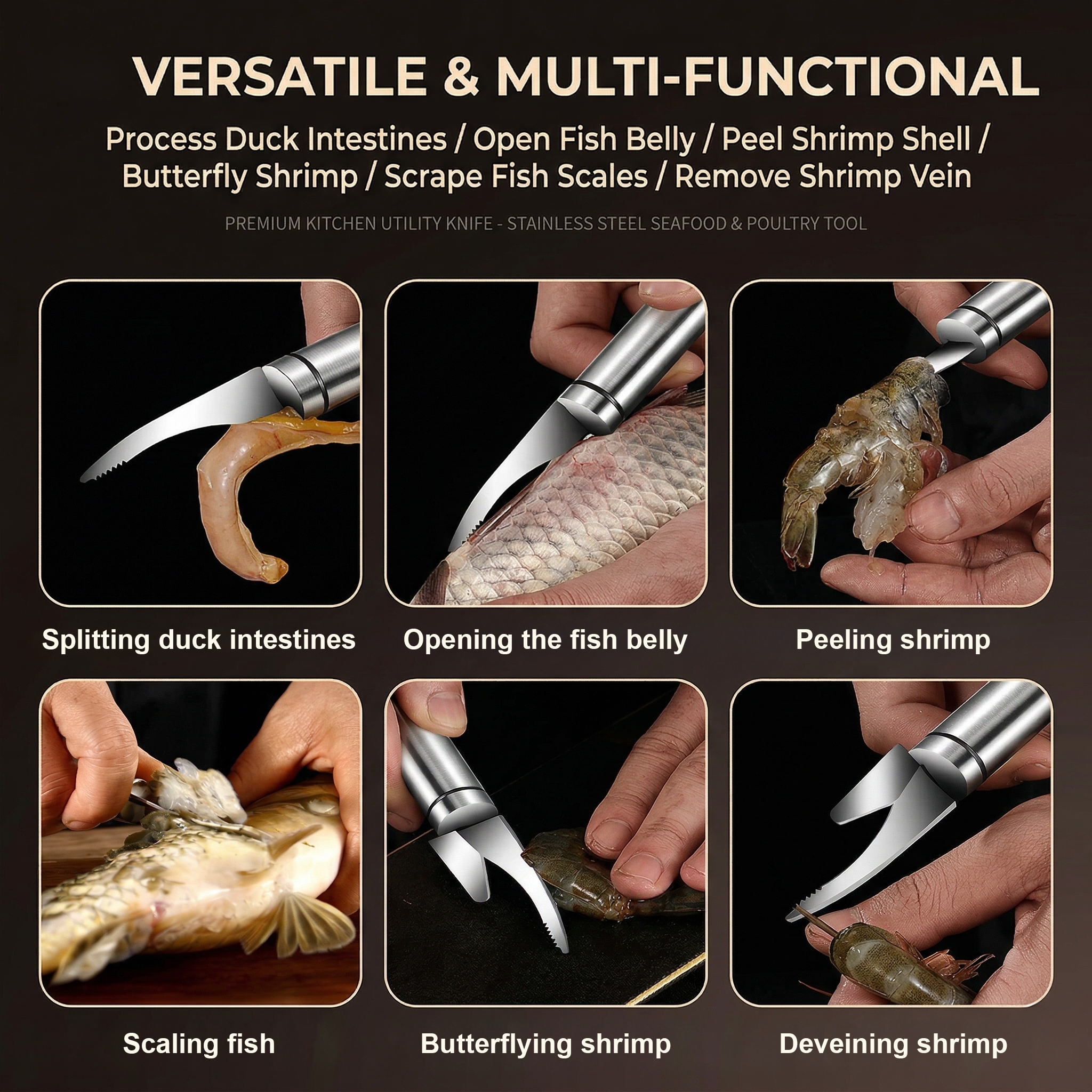 MCOIKY® 2PCS - 5 In 1 Multifunctional Shrimp Line Fish Maw Knife Stainless Steel Shrimp Deveiner Tool Multifunctional Fast Shrimp Peeler Fish Scale Remover Kitchen Fish and Shrimp Duck Intestine Cleaner